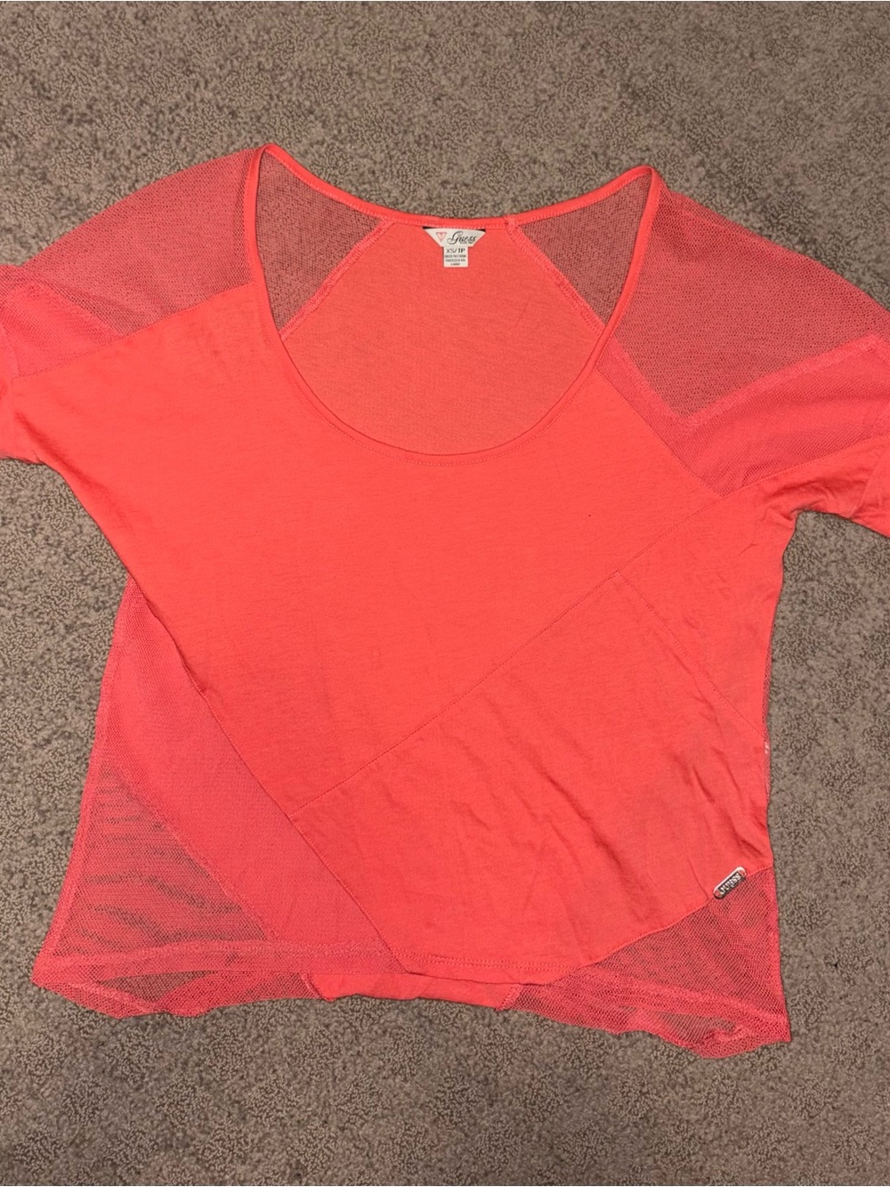 GUESS Brand,Orange/Coral/Salmon Mesh Accent ShortSleeve Top Wide Collar, Size XS